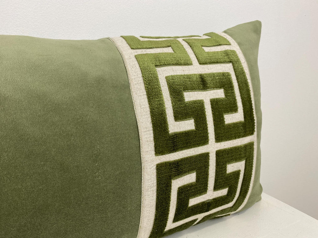 Sage Green Velvet Lumbar Pillow Cover with Large GREEN Greek Key Trim