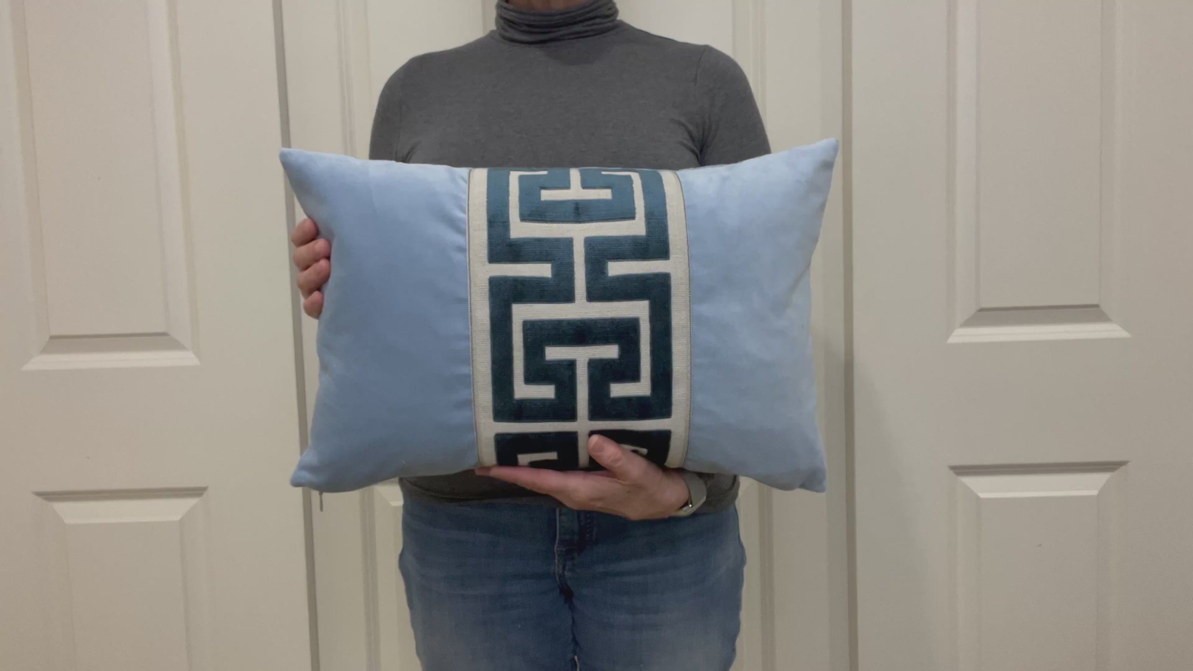 Light Blue Velvet Lumbar Pillow Cover with Large NAVY Greek Key trim