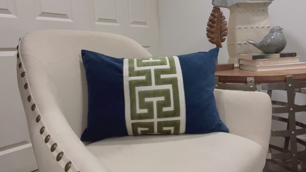 Navy Blue Velvet Lumbar Pillow Cover with Large GREEN Greek Key Trim