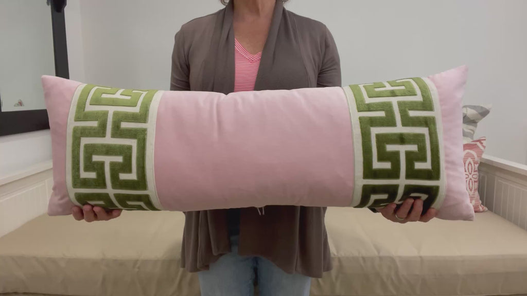 Light Pink Velvet Lumbar Pillow Cover with Large GREEN Greek Key Trim