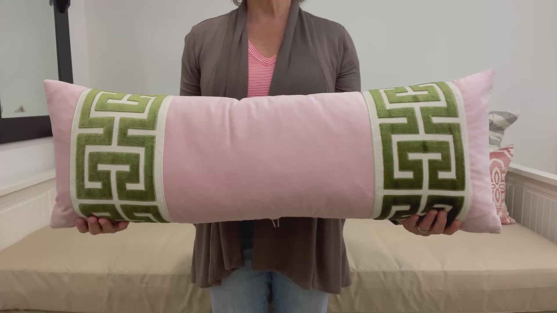 Light Pink Velvet Lumbar Pillow Cover with Large GREEN Greek Key Trim