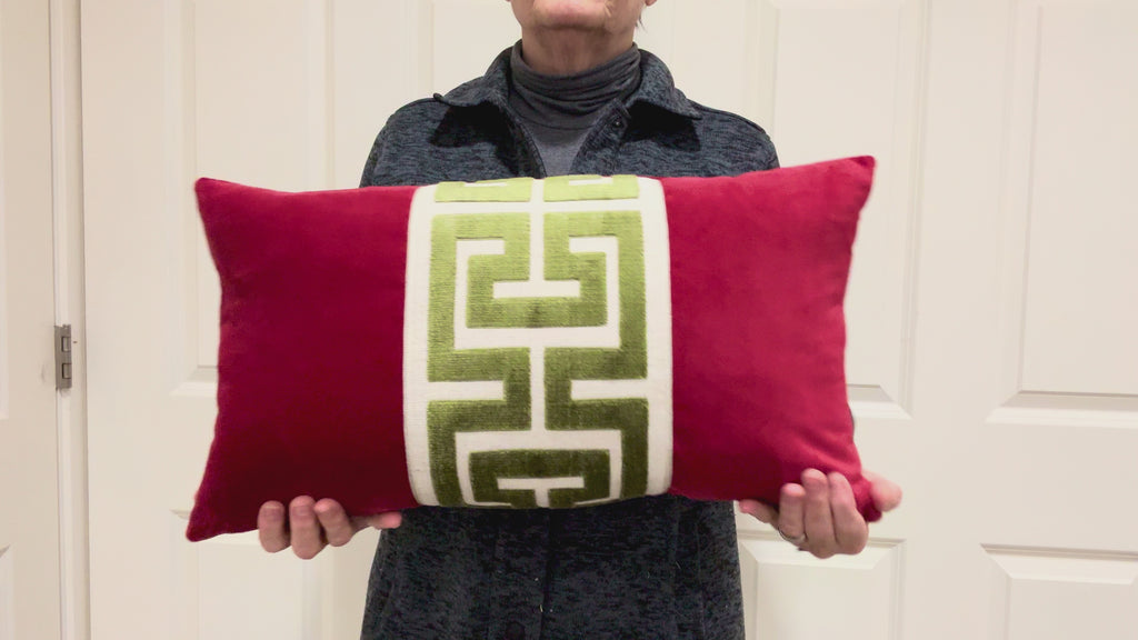 Fuchsia Pink Velvet Pillow Cover with Large GREEN Greek Key Trim