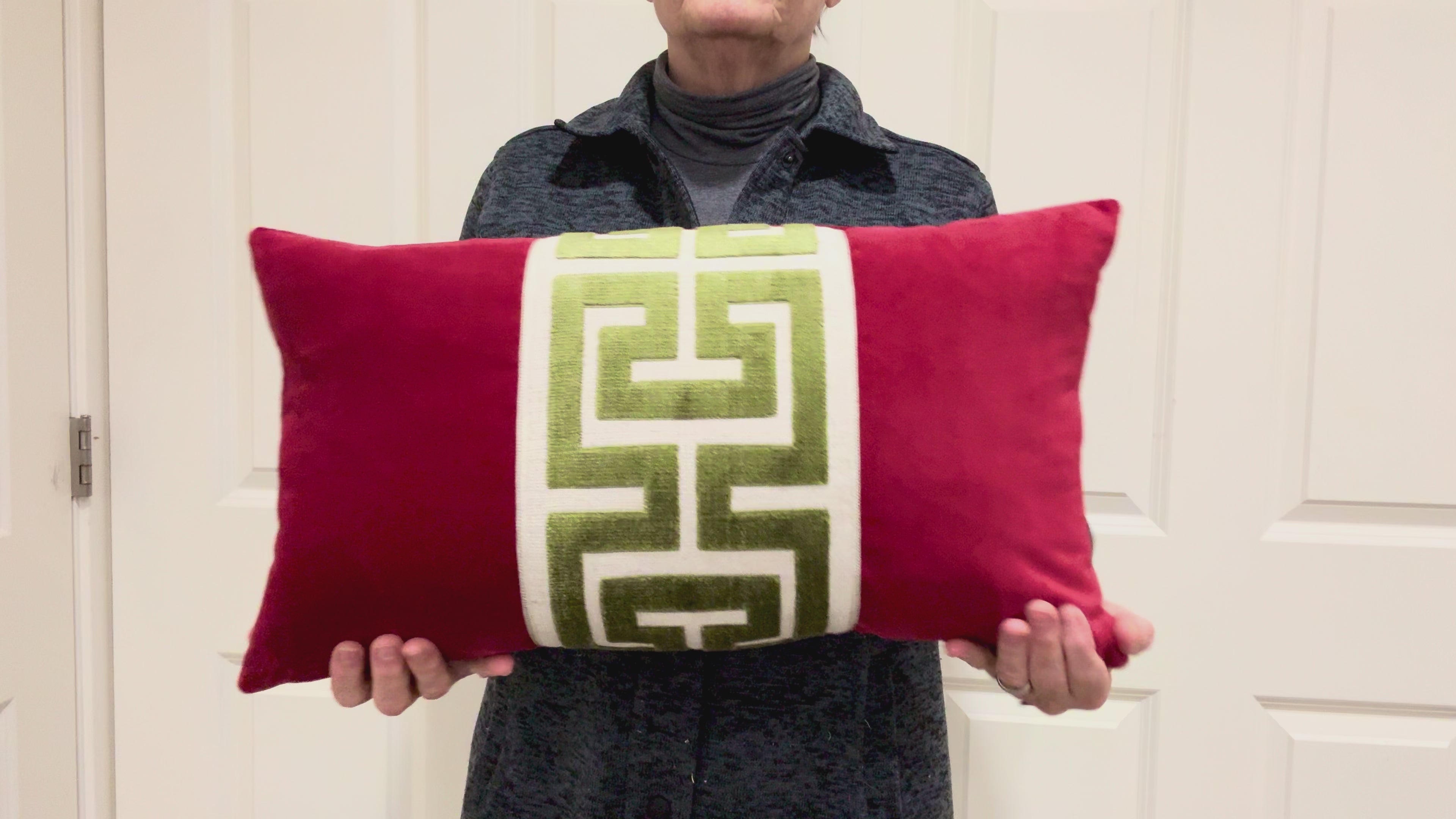 Red Velvet Lumbar Pillow Cover with Large Greek Key Trim - SELECT TRIM COLOR
