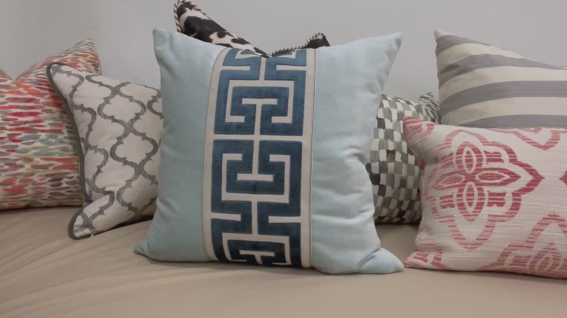 Aqua Mist Velvet Lumbar Pillow Cover with Large Navy Greek Key Trim