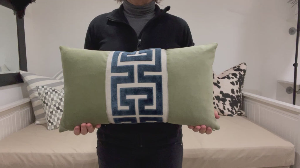 Sage Green Velvet Lumbar Pillow Cover with Large GOLD Greek Key Trim