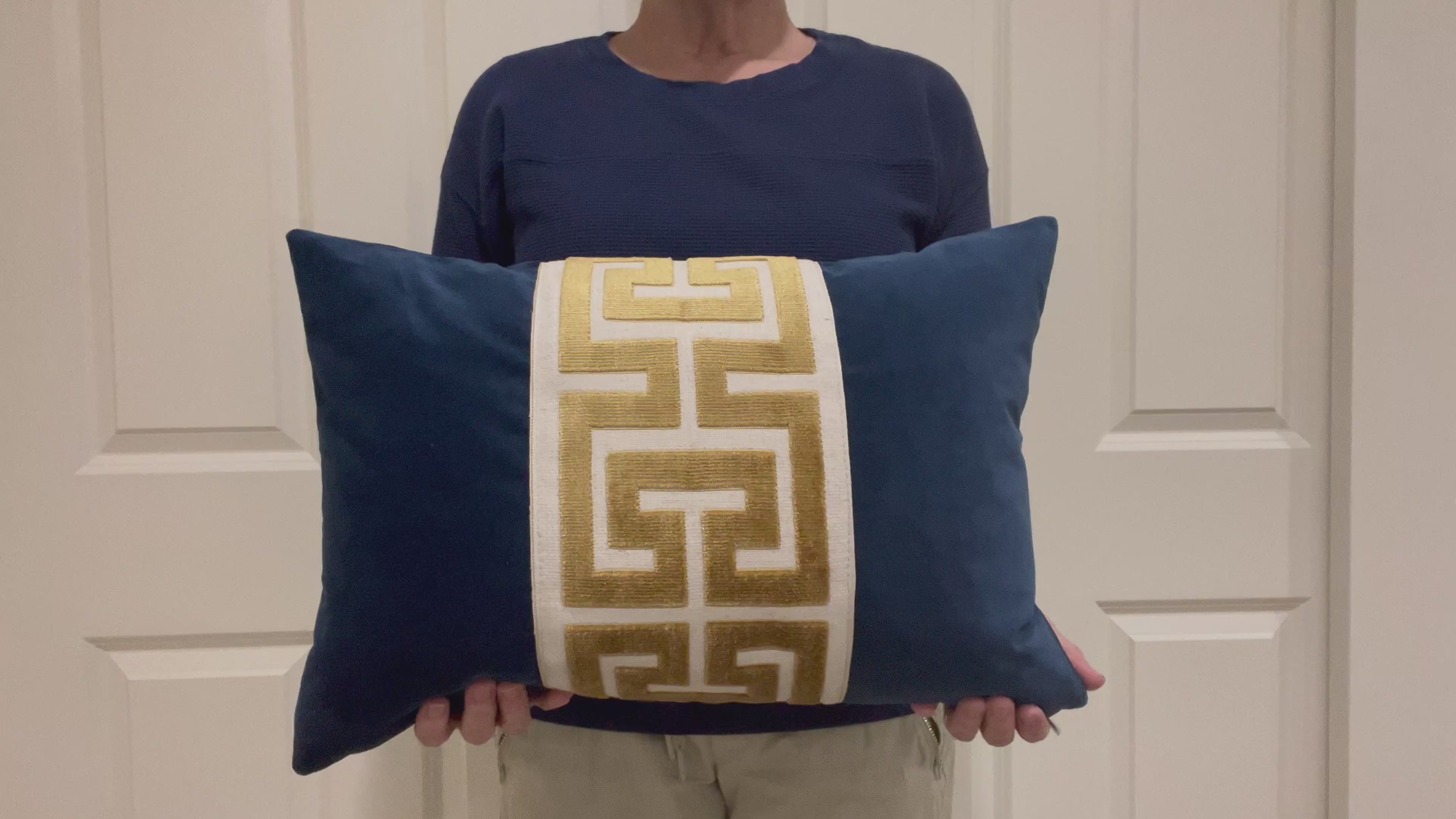 Navy Blue Velvet Lumbar Pillow Cover with Large GOLD Greek Key Trim