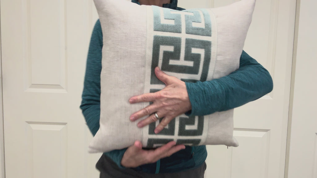 Oatmeal Linen Lumbar Pillow Cover with Large Greek Key Trim - SELECT TRIM COLOR
