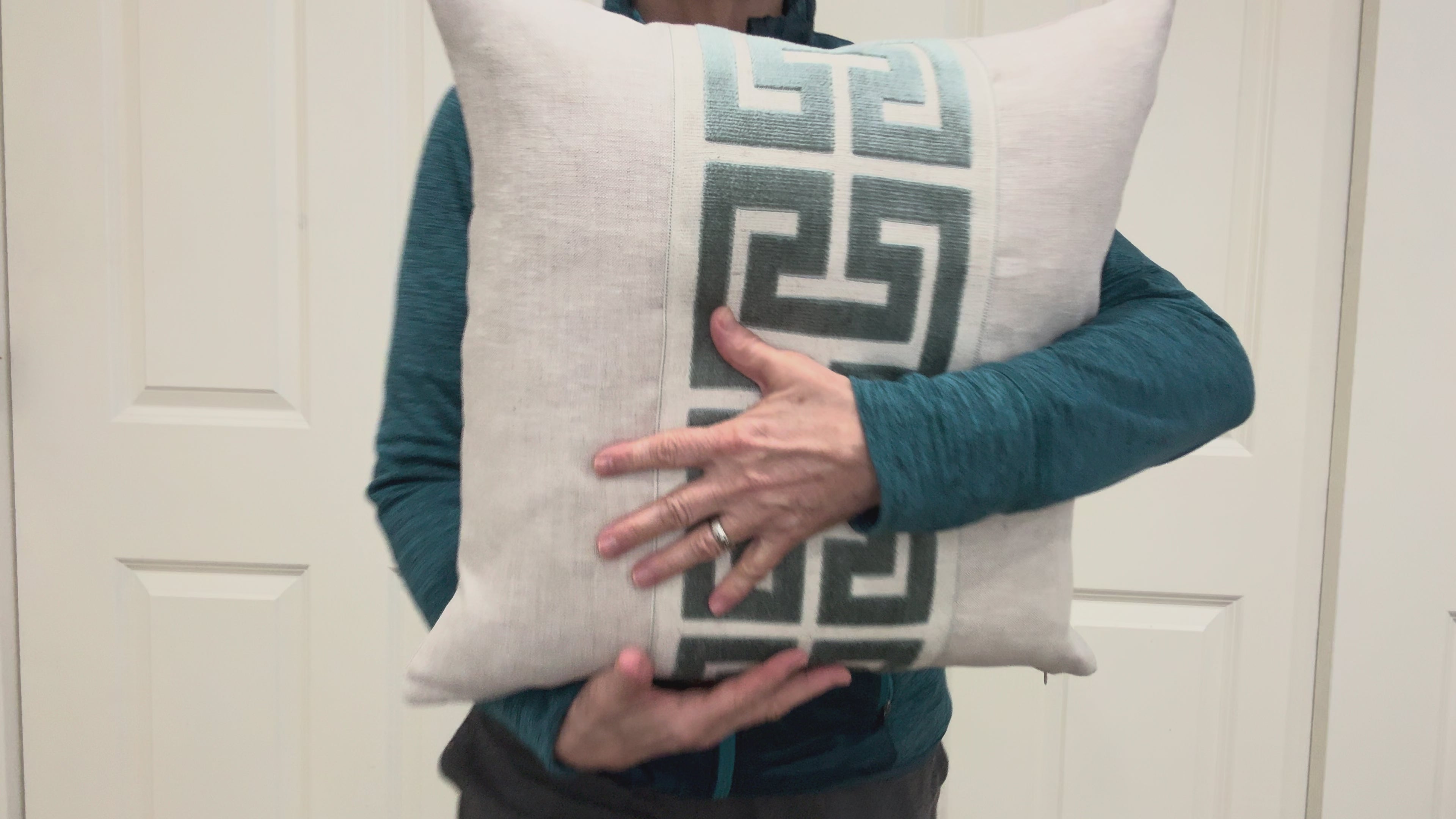 Oatmeal Linen Lumbar Pillow Cover with Large Greek Key Trim - SELECT TRIM COLOR