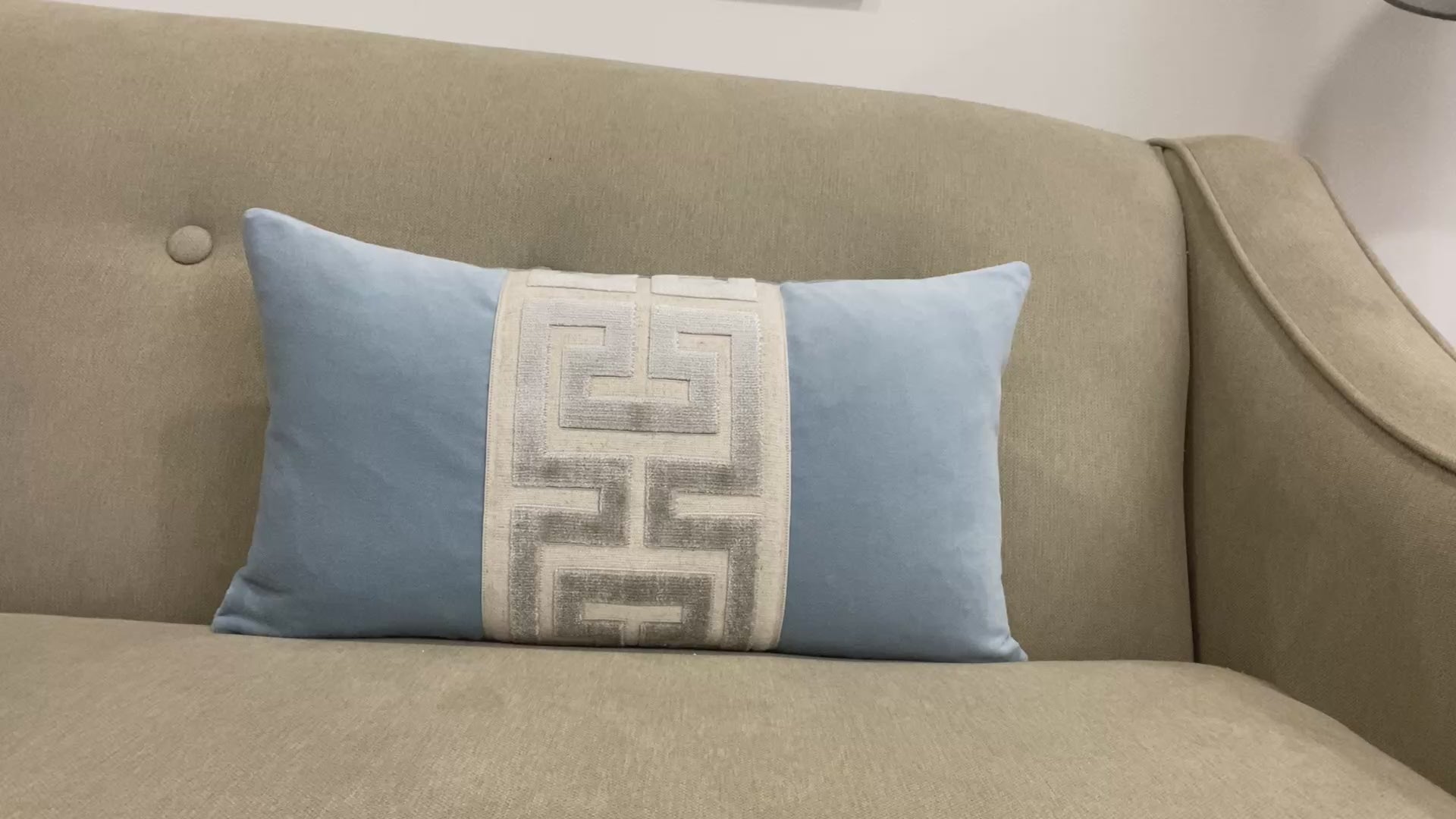 Light Blue Velvet Pillow Cover with Large Greek Key Trim - SELECT TRIM COLOR