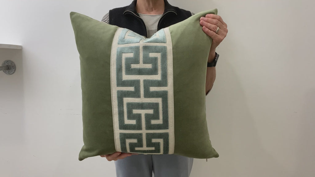 Sage Green Velvet Lumbar Pillow Cover with Large MIST Greek Key Trim