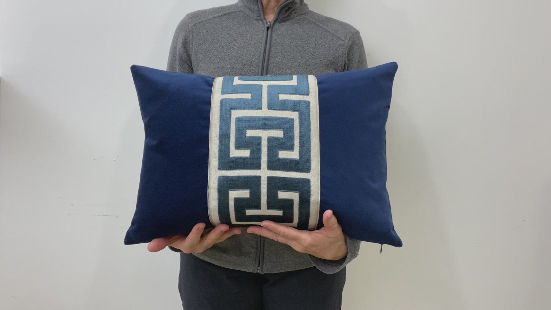 Navy Blue Velvet Lumbar Pillow Cover with Large NAVY Greek Key Trim
