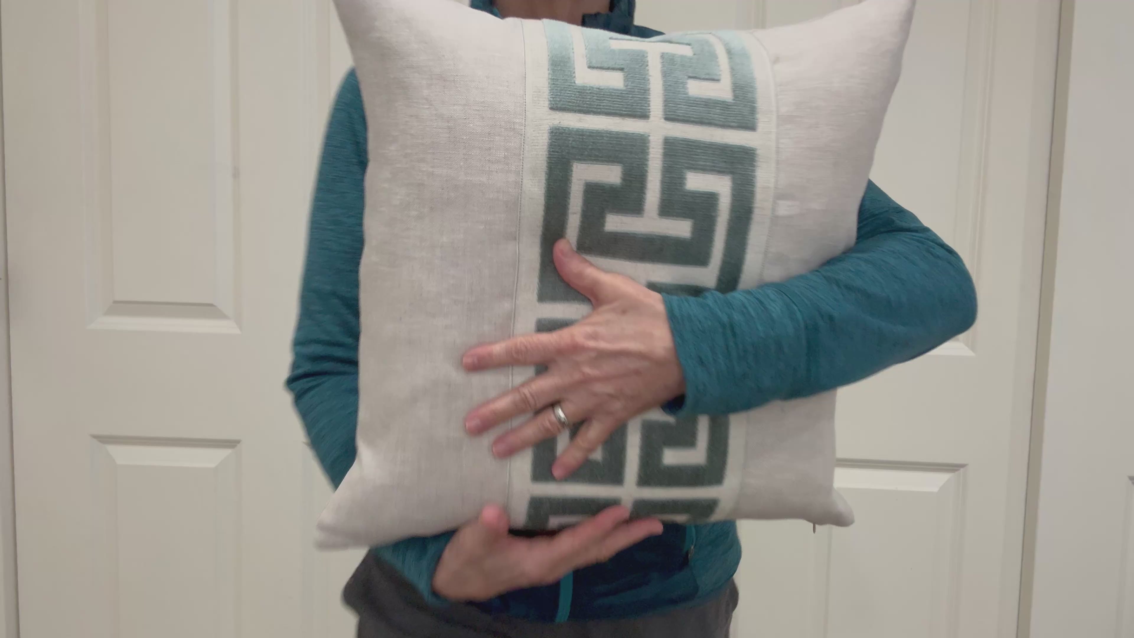 Oatmeal Linen Lumbar Pillow Cover with Large Greek Key Trim - SELECT TRIM COLOR