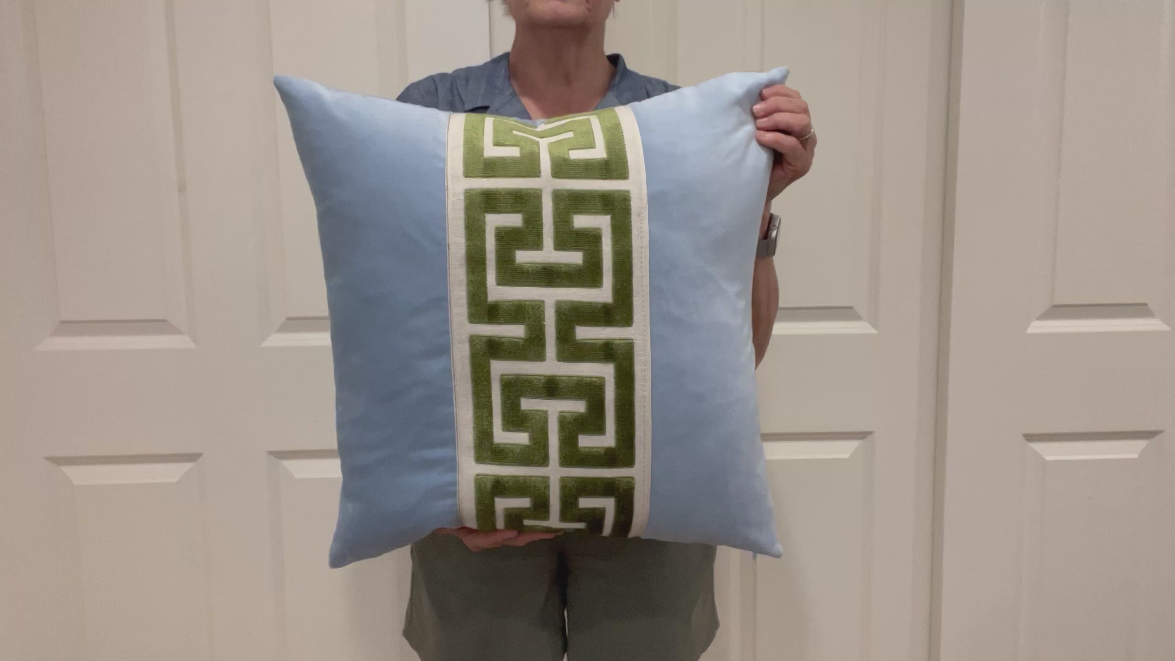 Light Blue Pillow Cover with Large GREEN Greek Key Trim
