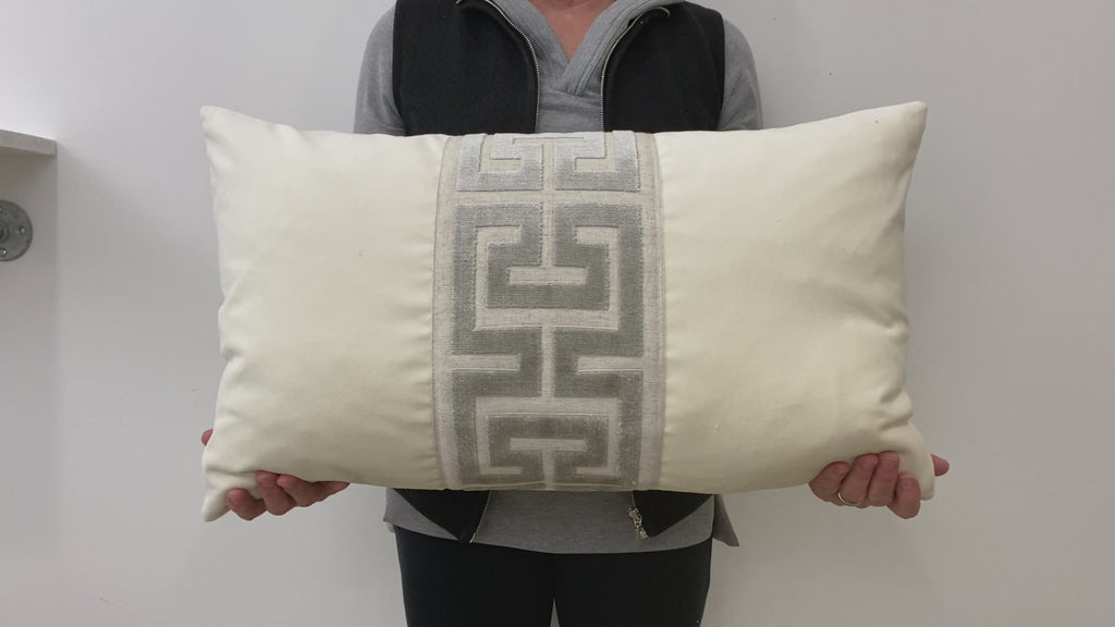 Off White Velvet Lumbar Pillow Cover with Large MIST Greek KeyTrim