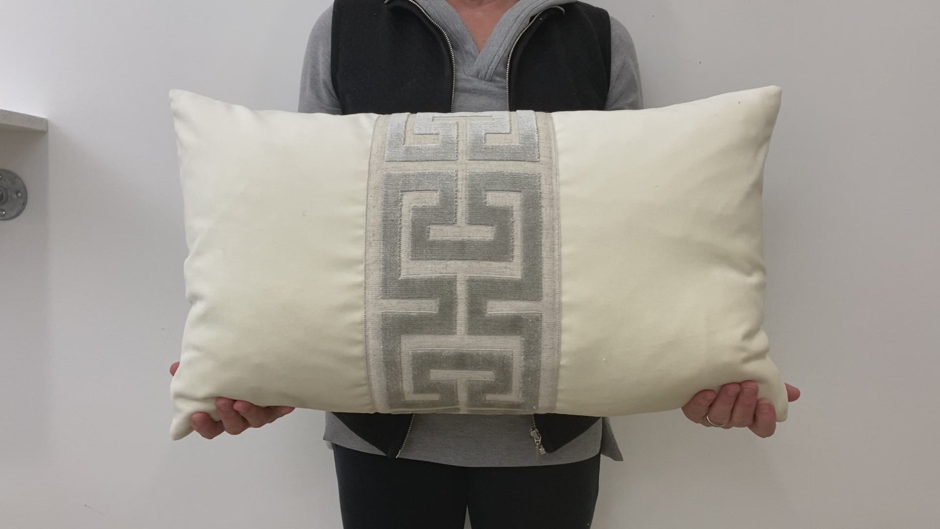 Off White Velvet Lumbar Pillow Cover with Large GRAY Greek Key Trim