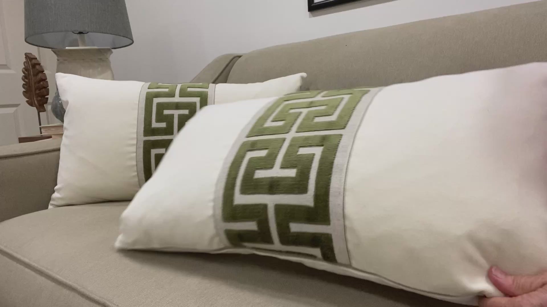 Off White Velvet Lumbar Pillow Cover with Large Greek Key Trim - SELECT TRIM COLOR