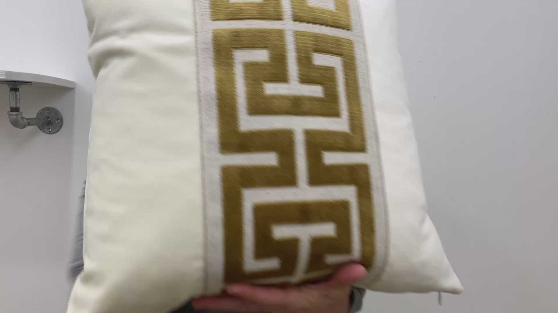 Off White Velvet Lumbar Pillow Cover with Large GOLD Greek Key Trim