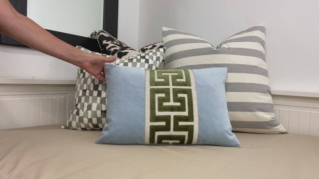Aqua Mist Velvet Lumbar Pillow Cover with Large Green Greek Key Trim