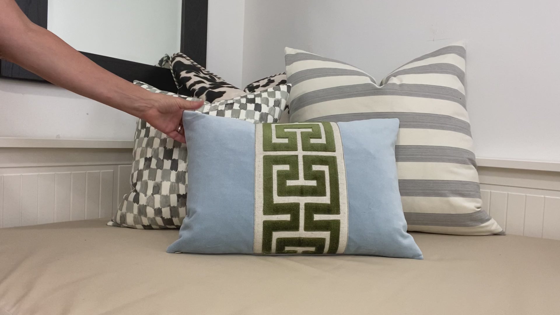 Aqua Mist Velvet Lumbar Pillow Cover with Large Green Greek Key Trim
