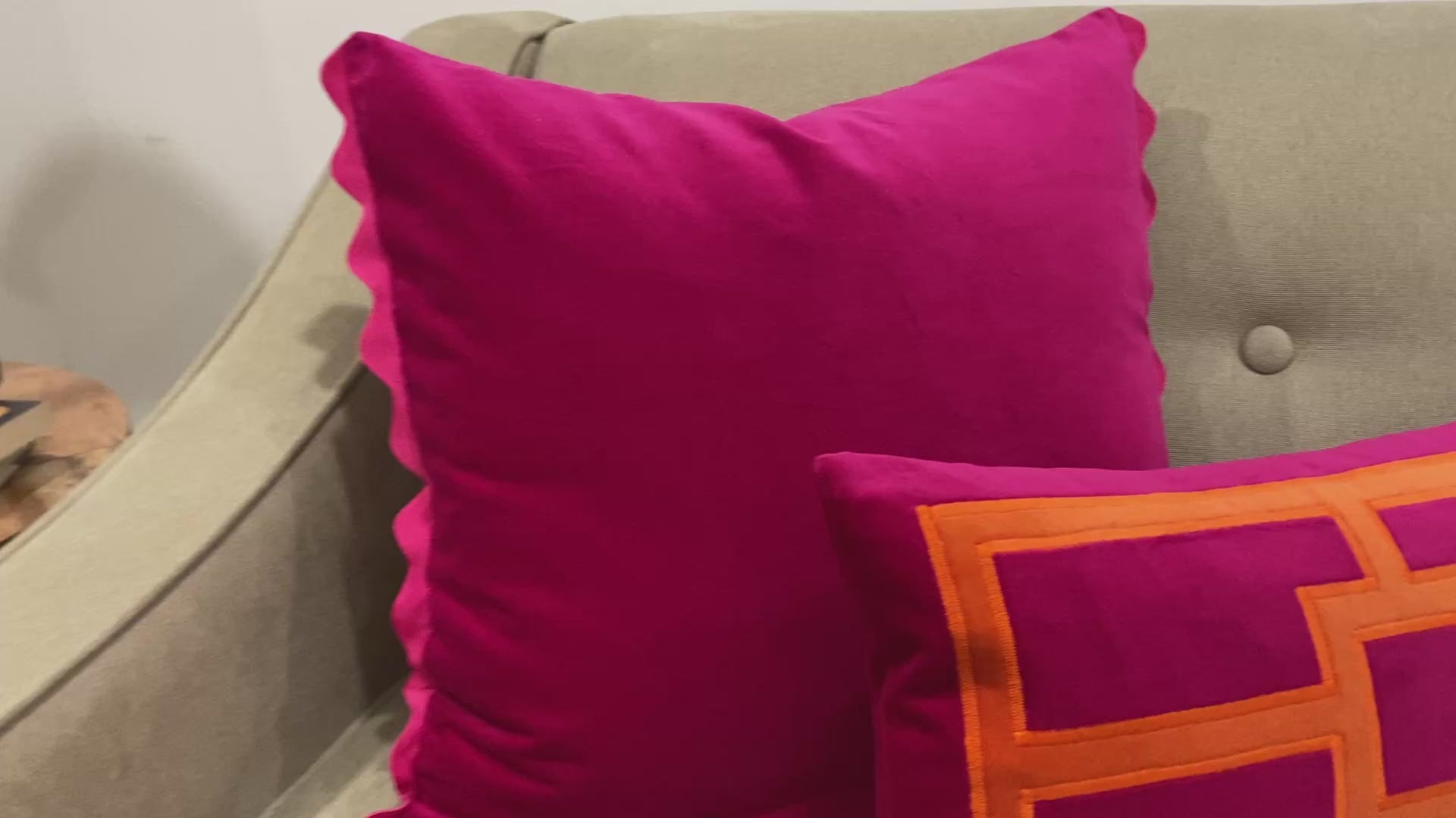 Fuchsia Pillow Cover - Pink Velvet Pillow Cover with Rectangular Orange Velvet Appliqué