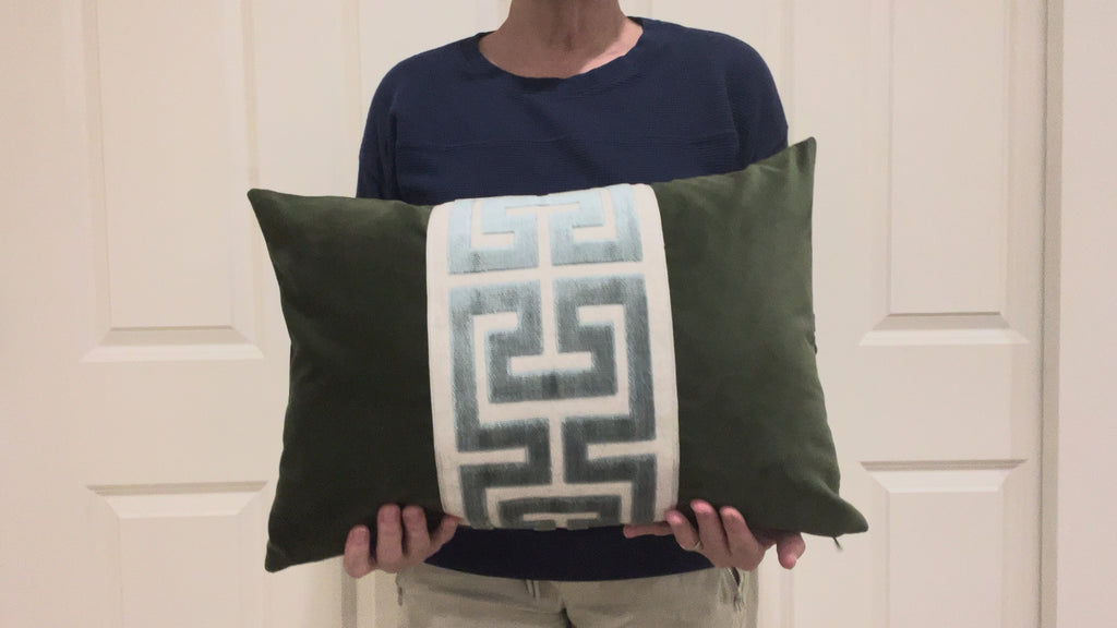 Moss Green Lumbar Pillow Cover with Large Greek Key Trim - SELECT TRIM COLOR