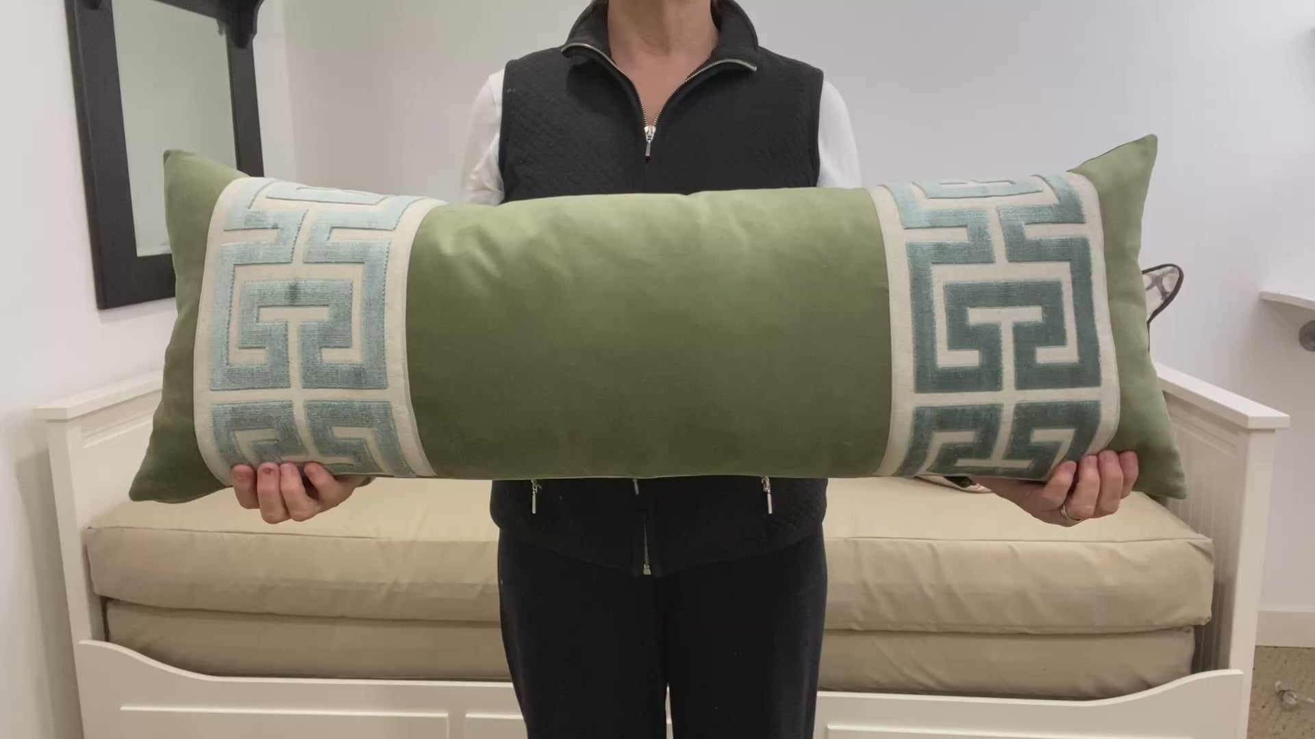 Sage Velvet Lumbar Pillow Cover with Large MIST Greek Key