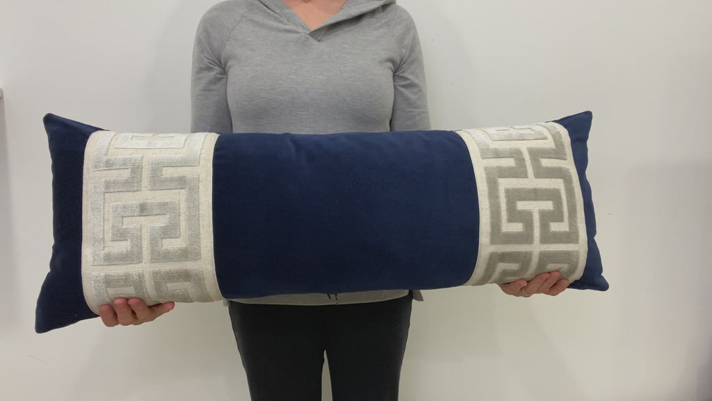 Navy Velvet Long Lumbar Pillow Cover with Large Greek Key Trim - SELECT TRIM COLOR