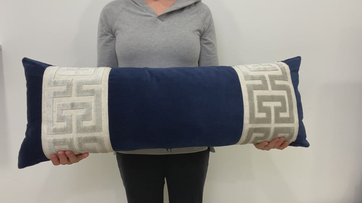 Navy Velvet Long Lumbar Pillow Cover with Large Greek Key Trim - SELECT TRIM COLOR