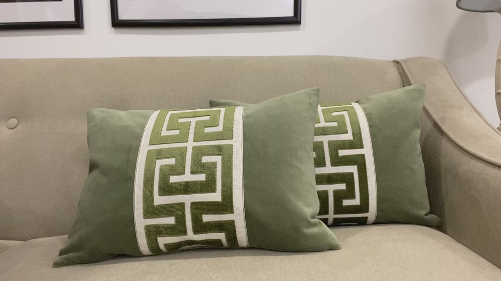 Sage Green Velvet Lumbar Pillow Cover with Large GREEN Greek Key Trim