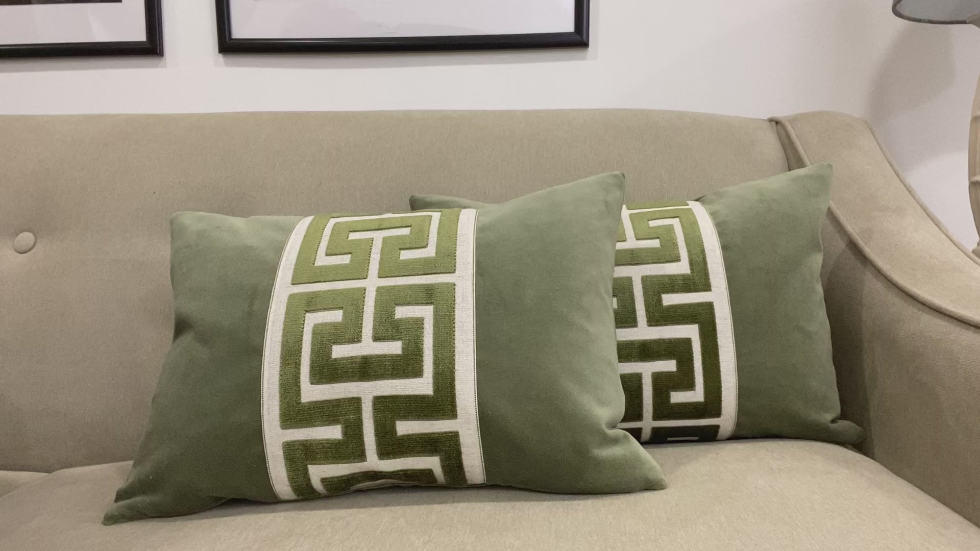 Sage Green Velvet Lumbar Pillow Cover with Large GREEN Greek Key Trim