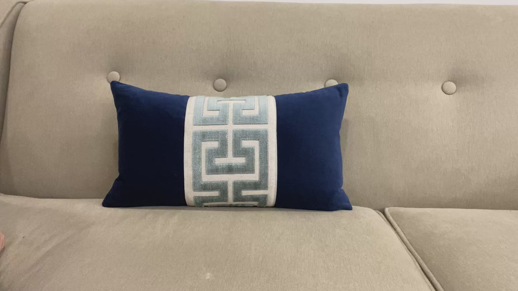 Navy Blue Velvet Lumbar Pillow Cover with Large Greek Key Trim - SELECT TRIM COLOR