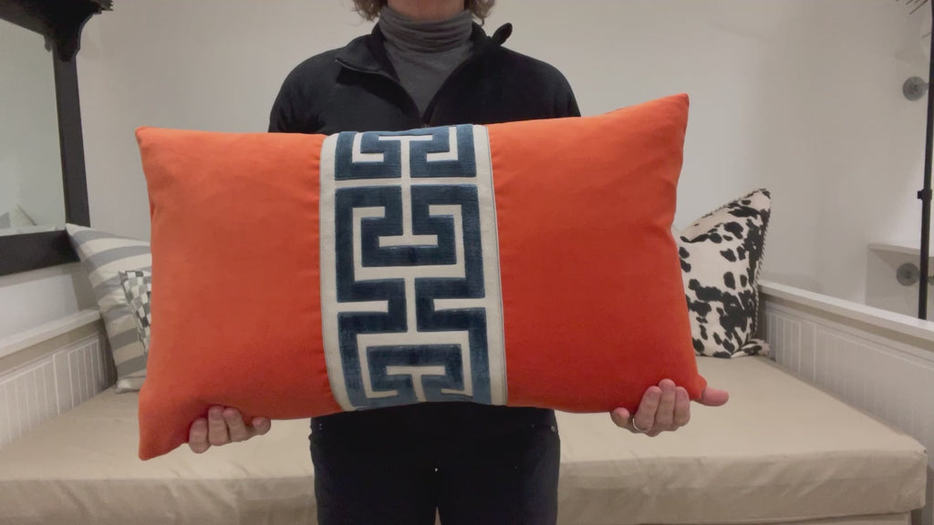 Orange Velvet Pillow Cover with Large Greek Key Trim - SELECT TRIM COLOR