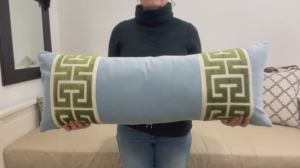 Aqua Mist Velvet Lumbar Pillow Cover with Large Green Greek Key Trim