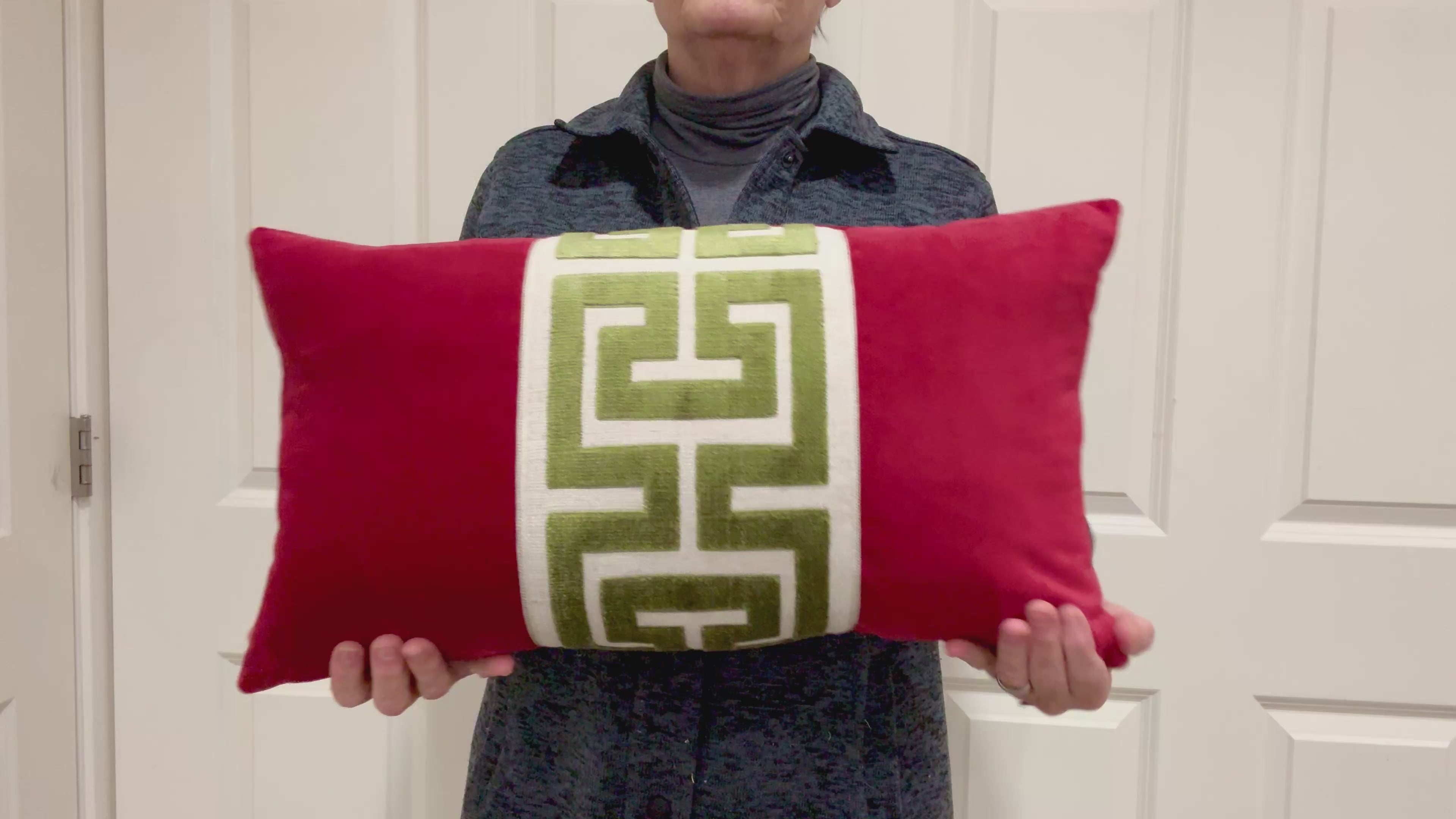Red Velvet Lumbar Pillow Cover with Large Greek Key Trim - SELECT TRIM COLOR