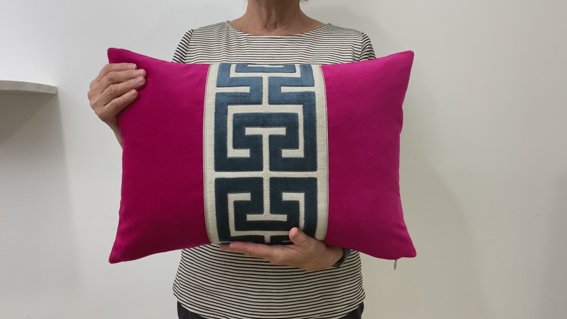 Fuchsia Pink Velvet Pillow Cover with Large Greek Key Trim - SELECT TRIM COLOR