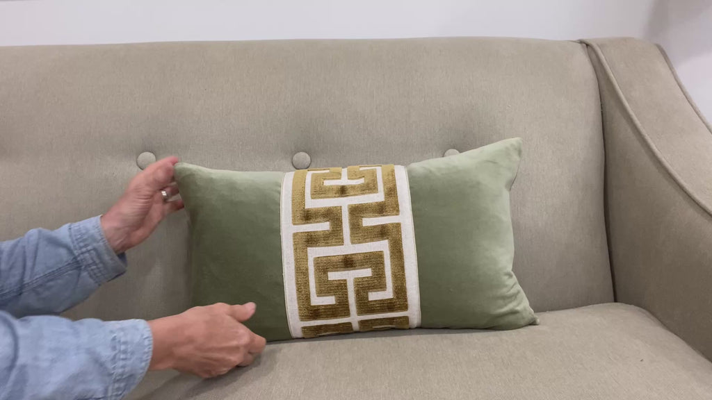 Sage Green Velvet Lumbar Pillow Cover with Large GOLD Greek Key Trim