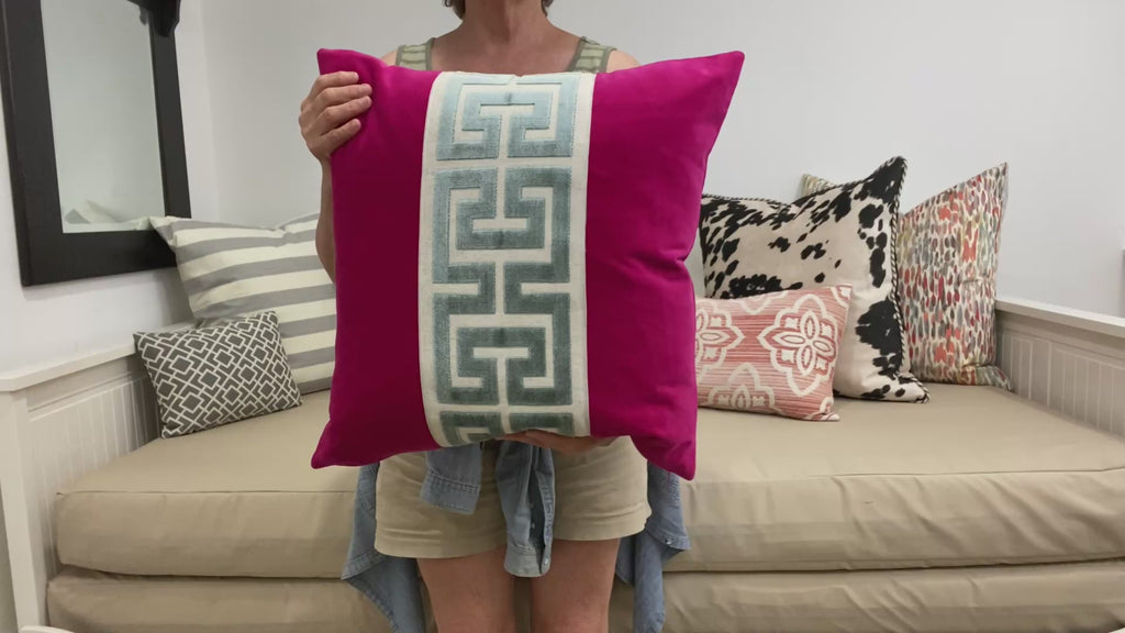 Fuchsia Pink Velvet Lumbar Pillow Cover with Large MIST Greek Key Trim