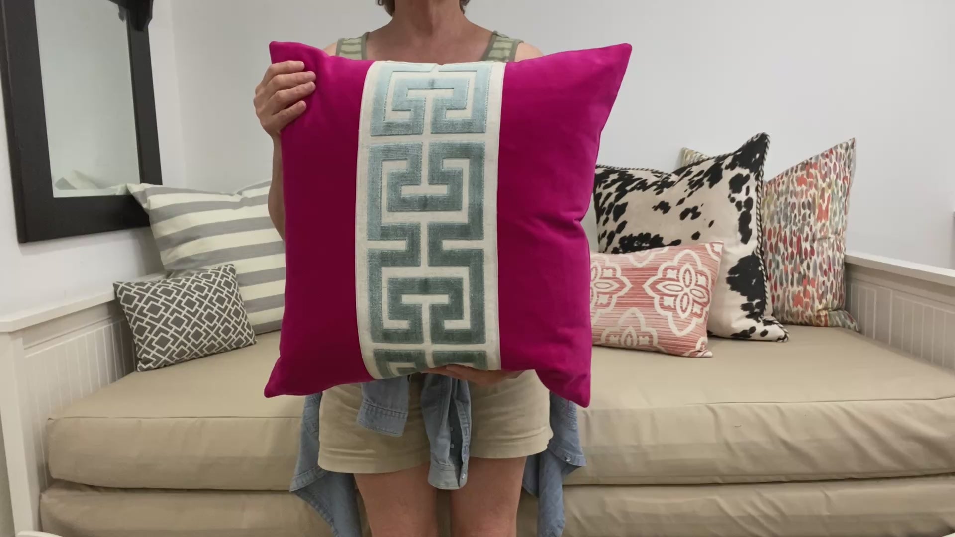 Fuchsia Pink Velvet Lumbar Pillow Cover with Large MIST Greek Key Trim
