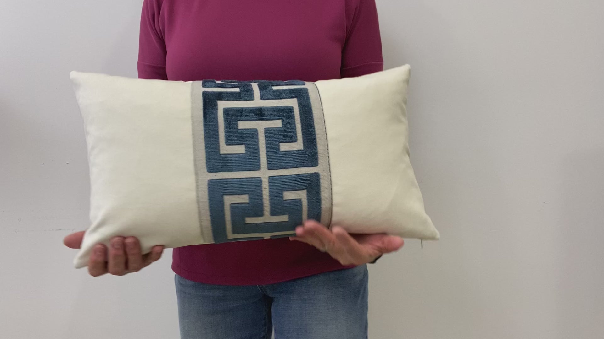 Off White Velvet Lumbar Pillow Cover with Large NAVY Greek Key Trim