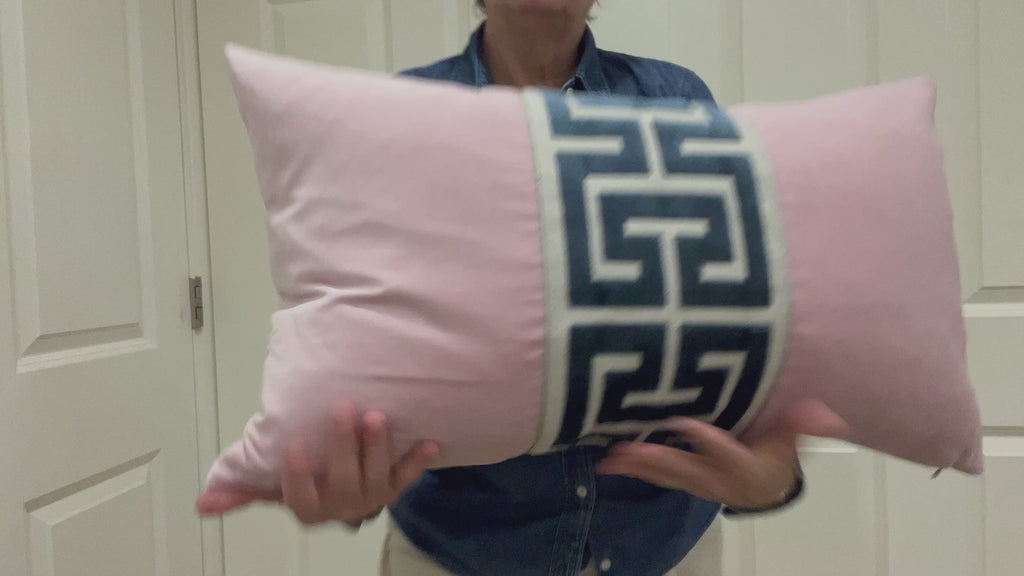 Light Pink Velvet Lumbar Pillow Cover with Large Greek Key Trim - SELECT TRIM COLOR