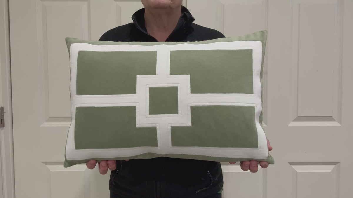 Sage Green Velvet Pillow Cover: Geometric Appliqué Lumbar Pillow