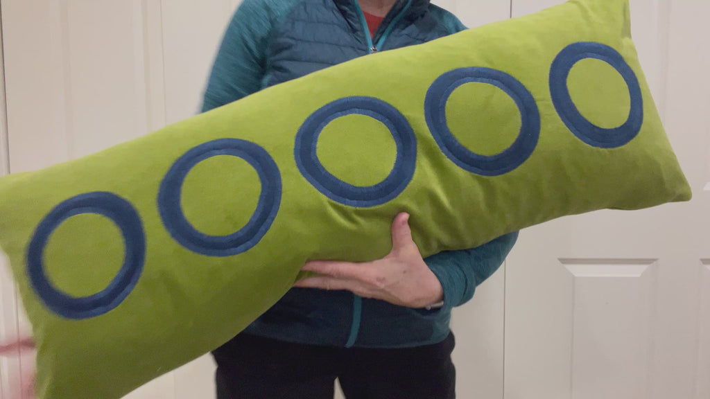 Extra Long Lumbar - Lime Green Velvet Pillow Cover with Blue Circles Appliqué