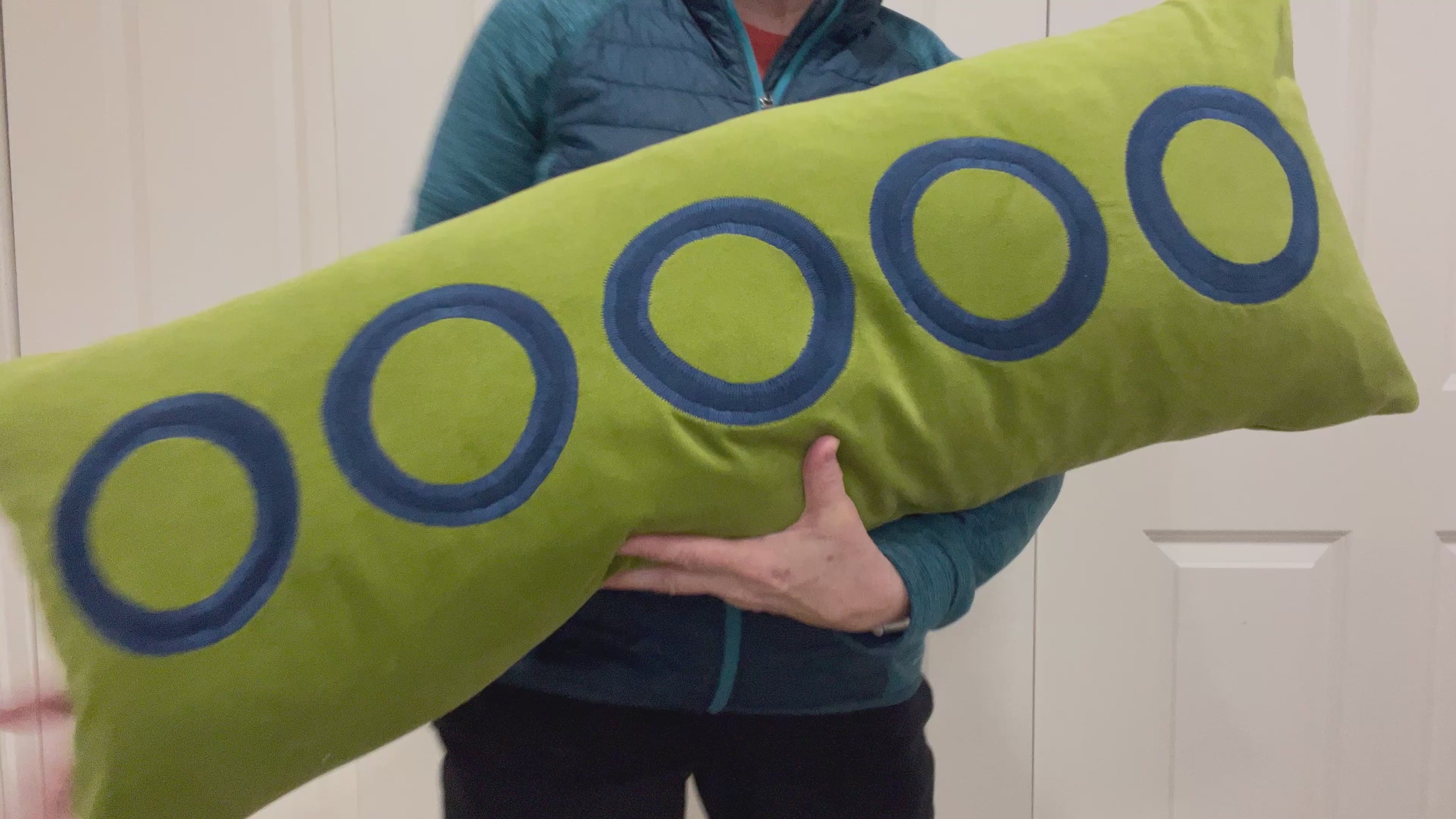 Extra Long Lumbar - Lime Green Velvet Pillow Cover with Blue Circles Appliqué