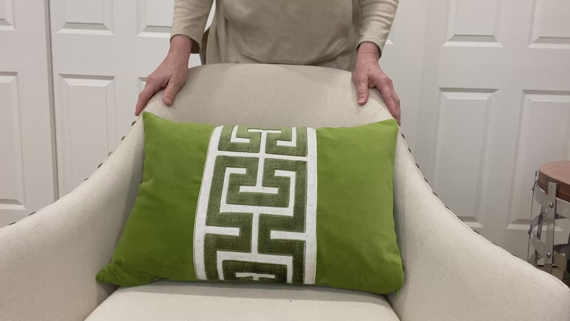 Lime Green Velvet Pillow Cover with Large Greek Key Trim - SELECT TRIM COLOR