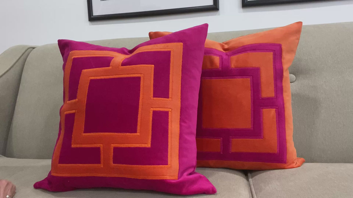 Fuchsia Pink and Orange Square Velvet Applique Pillow Cover